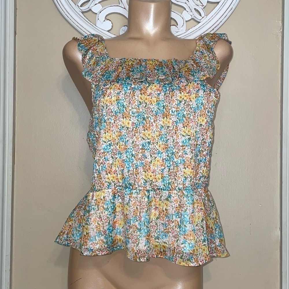 Lauren Conrad women’s blouse xxl shirt floral smock ruffle straps peplum white